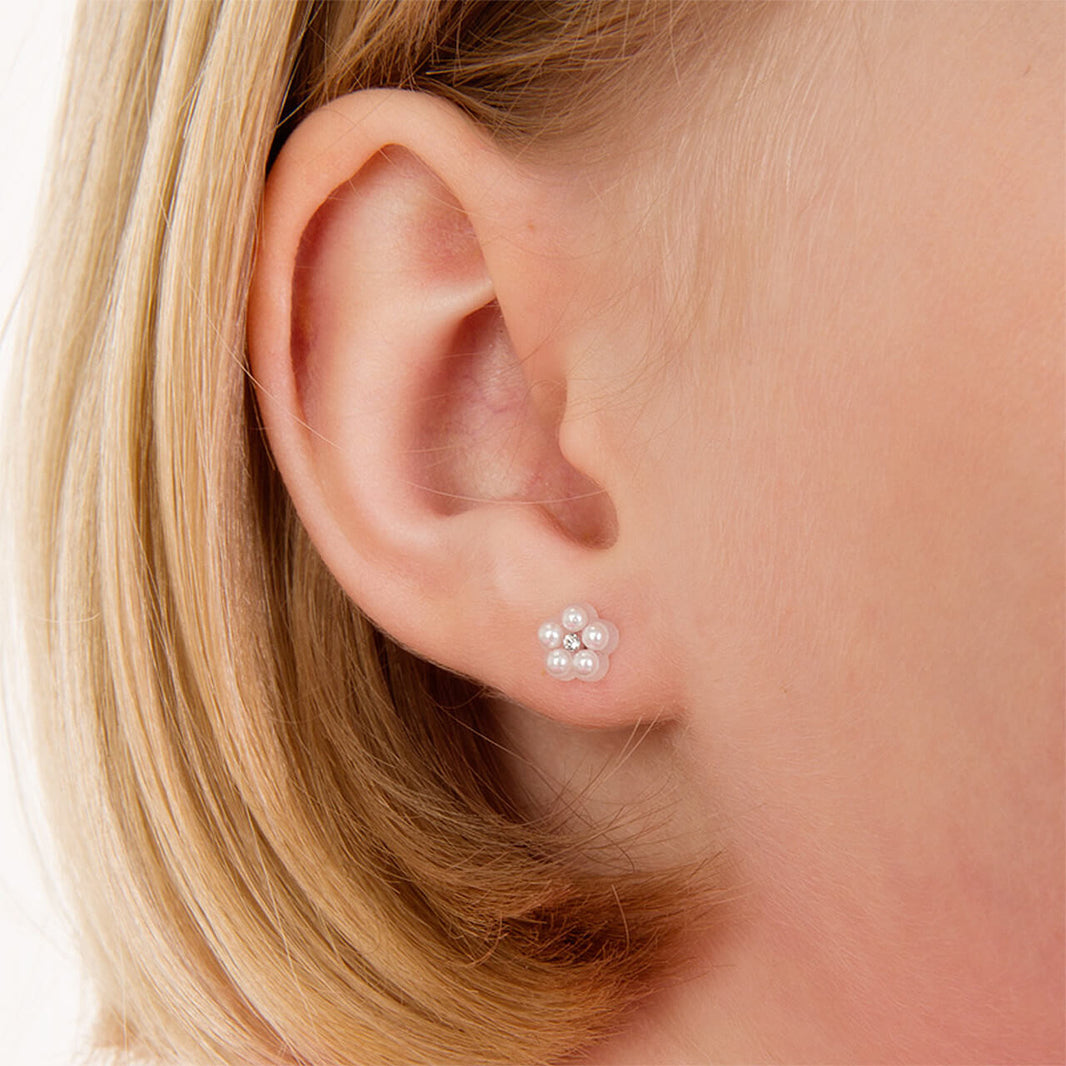 Medical Plastic 6mm Daisy White Pearl Earrings
