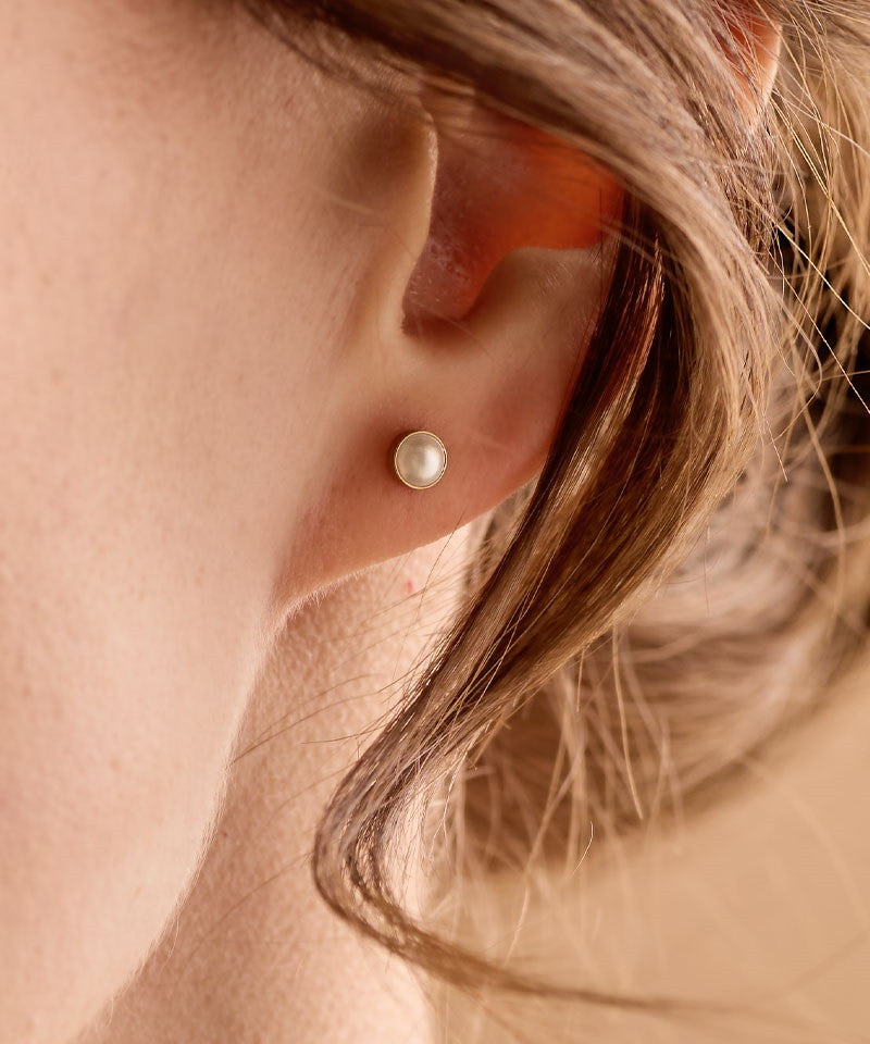 Golden Titanium 5mm Bezel White Pearl Earrings
