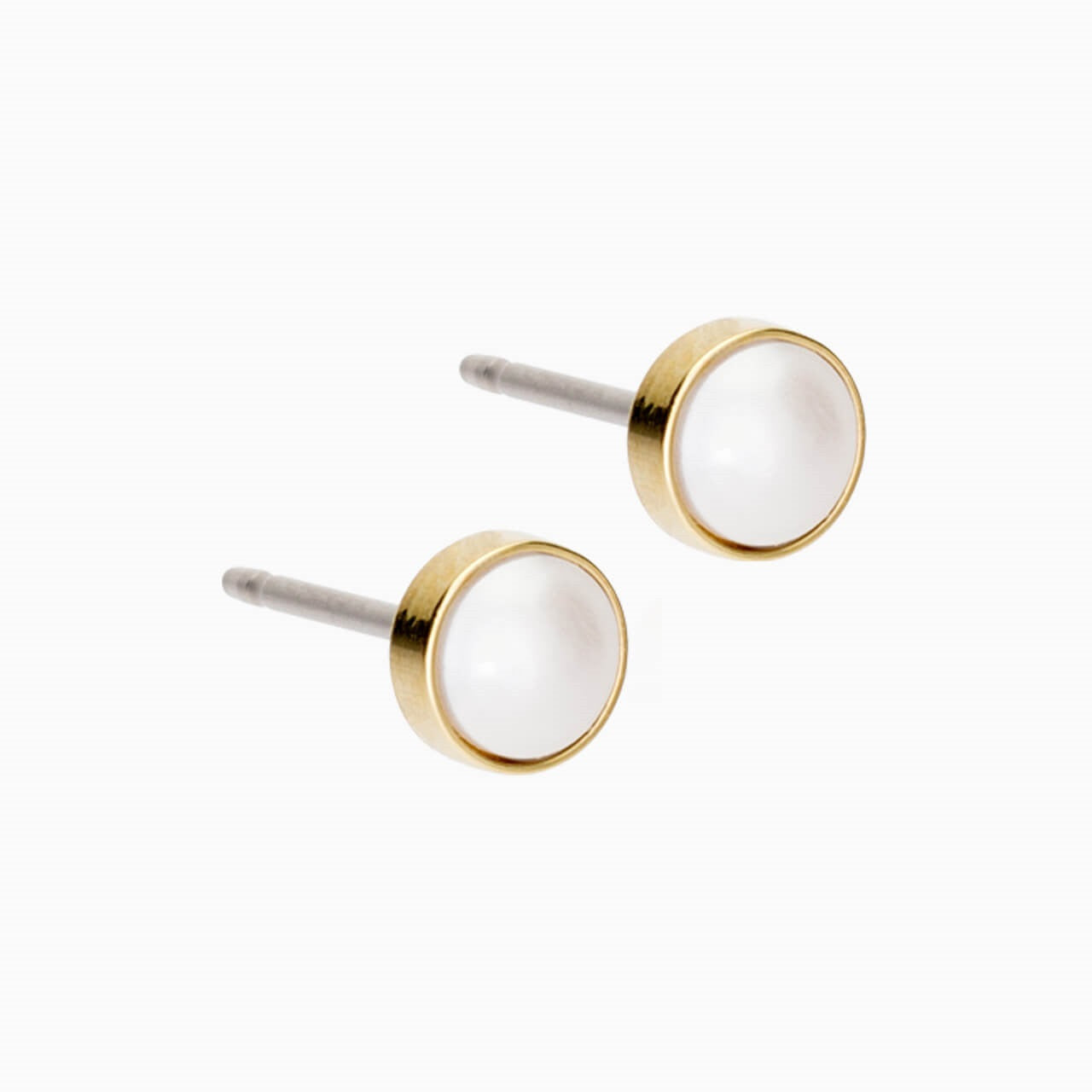 Golden Titanium 5mm Bezel White Pearl Earrings