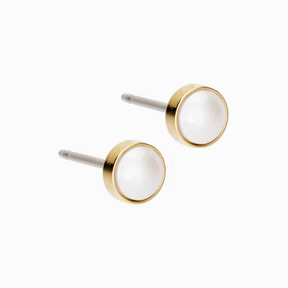 Allergy Safe Golden Titanium 5mm Bezel White Pearl Earrings