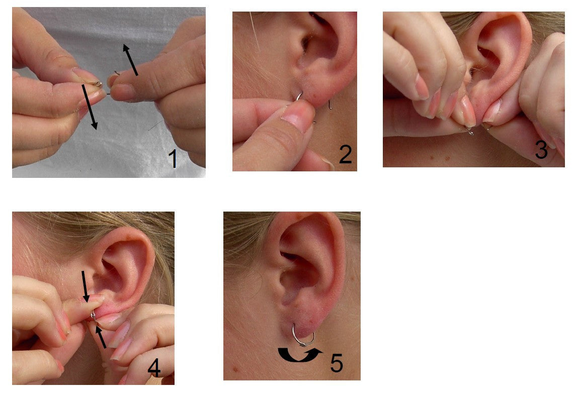 Instructions on how to open and close safety ear ring.